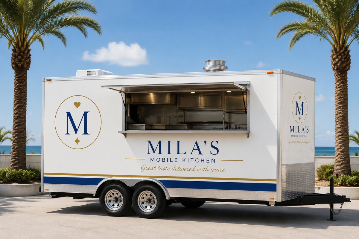 Mila's Mobile Kitchen trailer between palm trees